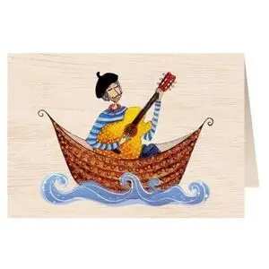 Postal de Madera - Hombre con Guitarra en Barca
