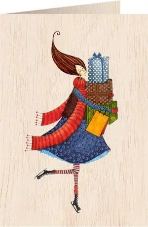 Postal de Madera - Chica con Regalos