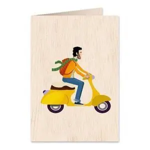 Postal de Madera - Chico en Moto Amarilla