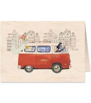 Postal de Madera - Matrimonio en Furgoneta