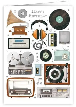 Postal Happy Birthday con Tocadiscos y Gramófonos