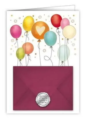 Postal Globos de Colores y Corazón Dorado con Sobre Regalo en Rojo For You