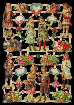 Cromos de Picar Cestas con Flores y Niños (7368)