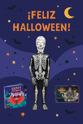 Spielzeug, Kostüme und Bücher für ein lustiges Halloween mit der Familie